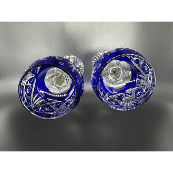 VTG 2 Piece Set of Bohemian Cut to Clear Blue Tall Round Wine Glasses Goblets - Picture 3 of 6